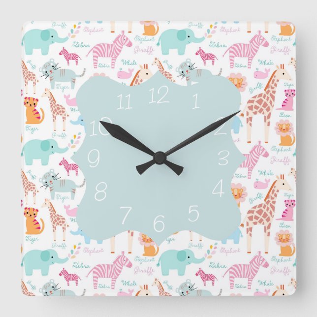 Reloj Cuadrado Impresión de vivero de animales de safari (Anverso)