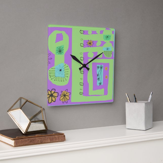 Reloj Cuadrado Impresión étnica de decoración floral morado verde (Oficina)