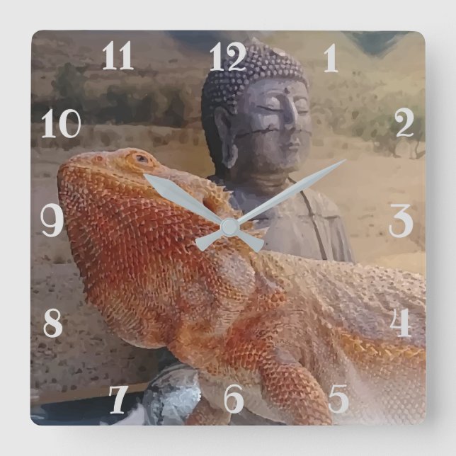 Reloj Cuadrado Impresión fotográfica de Beardie y Buddha (Anverso)