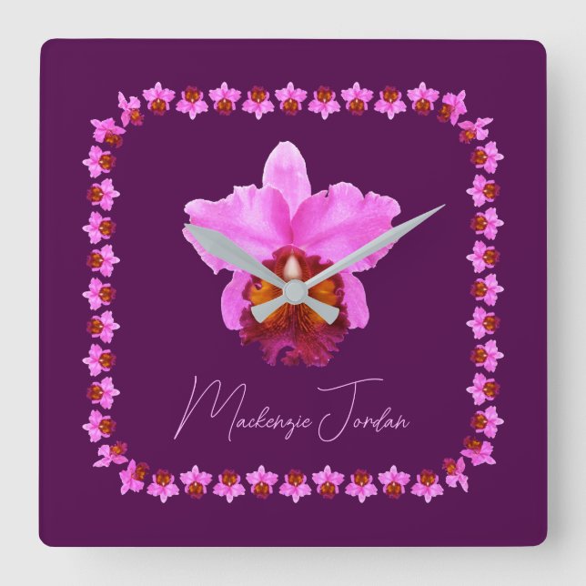Reloj Cuadrado Impresión personalizada de Cattleya Orchid (Anverso)