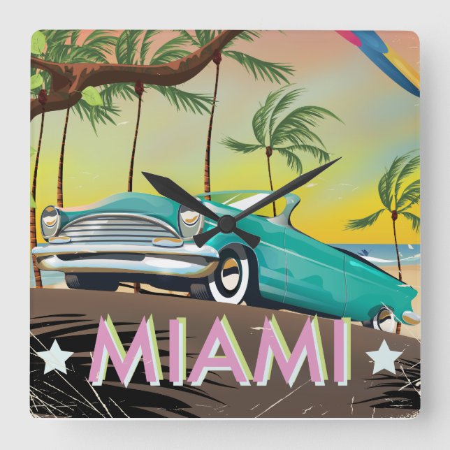 Reloj Cuadrado Impresión retro de Miami (Anverso)