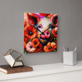 Reloj Cuadrado Impresionante cerdo en flores de amapola roja