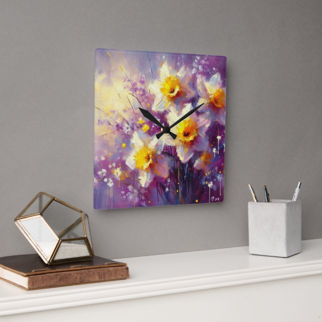 Reloj Cuadrado Impresionante Daffodil Floral Purple Yellow Art (Oficina)