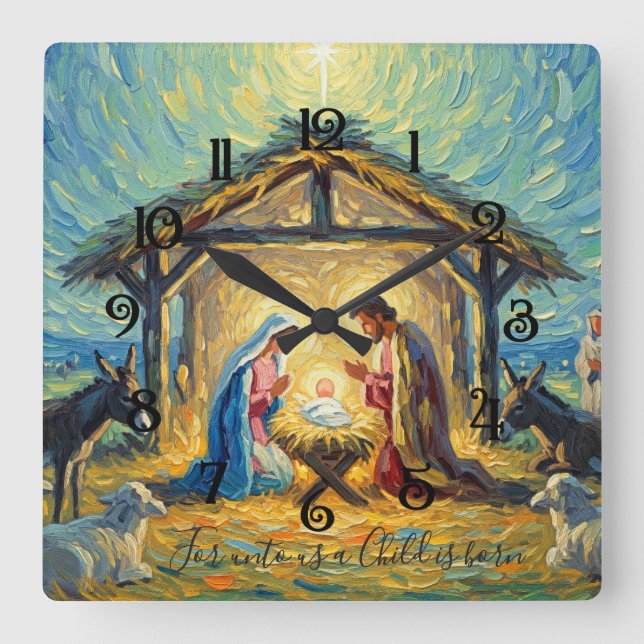 Reloj Cuadrado Impressionist Painting Nativity Scene (Anverso)