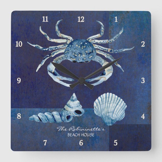 Reloj Cuadrado Indigo Ocean Crab Seasheles Nautical Beach House (Anverso)