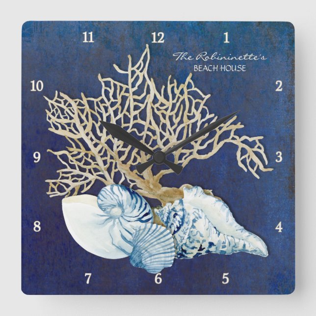 Reloj Cuadrado Indigo Ocean Crab Seasheles Nautical Beach House (Anverso)