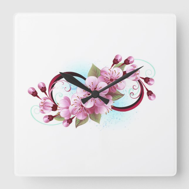 Reloj Cuadrado Infinito con las flores de flores de Sakura Blosso (Anverso)