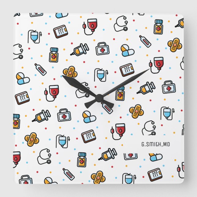 Reloj Cuadrado Inicial. Patrón médico. Para Médicas y enfermeras (Anverso)