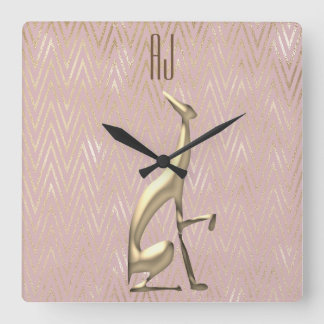Reloj Cuadrado Iniciales de Perro Rosa Dorado Brillante Monograma
