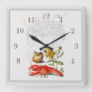 Reloj Cuadrado Insectos y nueces de ilustracion botánico vintage.
