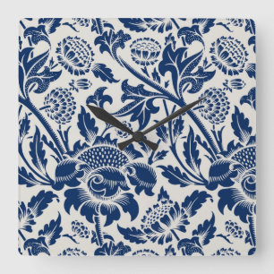 Reloj Cuadrado Intrincado patrón floral azul sobre fondo claro