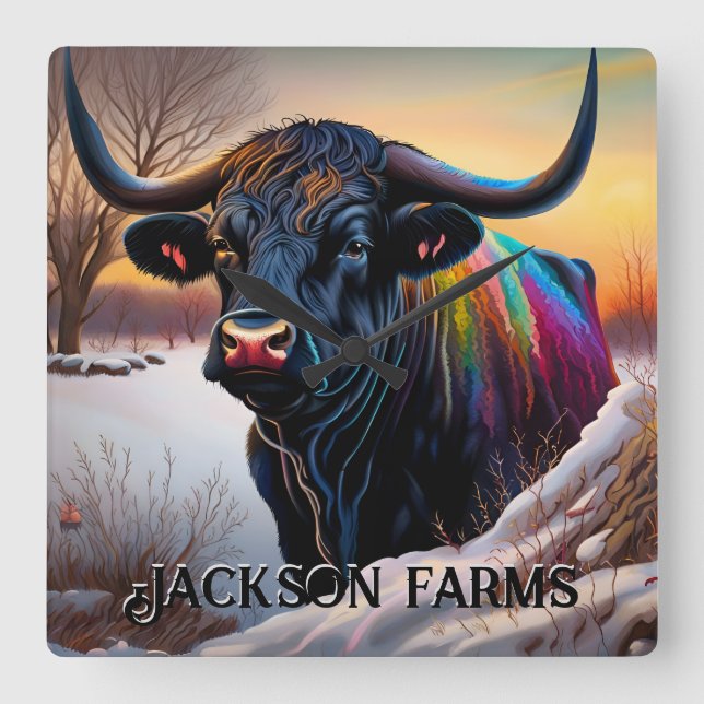 Reloj Cuadrado Invierno de Toro de Angus Negro (Anverso)