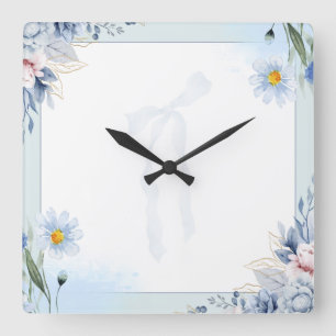 Reloj Cuadrado Invitación elegante de acuarela floral azul y lazo
