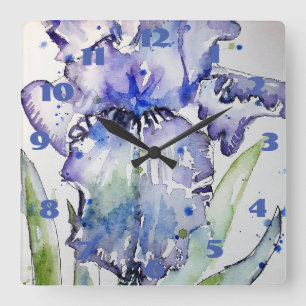 Reloj Cuadrado Iris azul morado acuarela Pintura Floral Arte