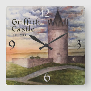 Reloj Cuadrado Irish Castle Watercolor Family Name Year Est