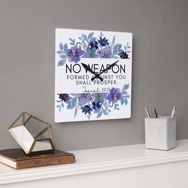 Reloj Cuadrado Isaías 54:17 No hay arma floral cristiana (Oficina)