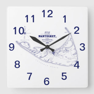 Reloj Cuadrado Isla Nantucket MA Mapa Antiguo Azul Marino