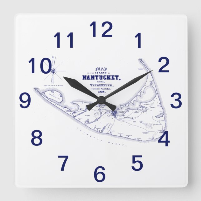 Reloj Cuadrado Isla Nantucket MA Mapa Antiguo Azul Marino (Anverso)