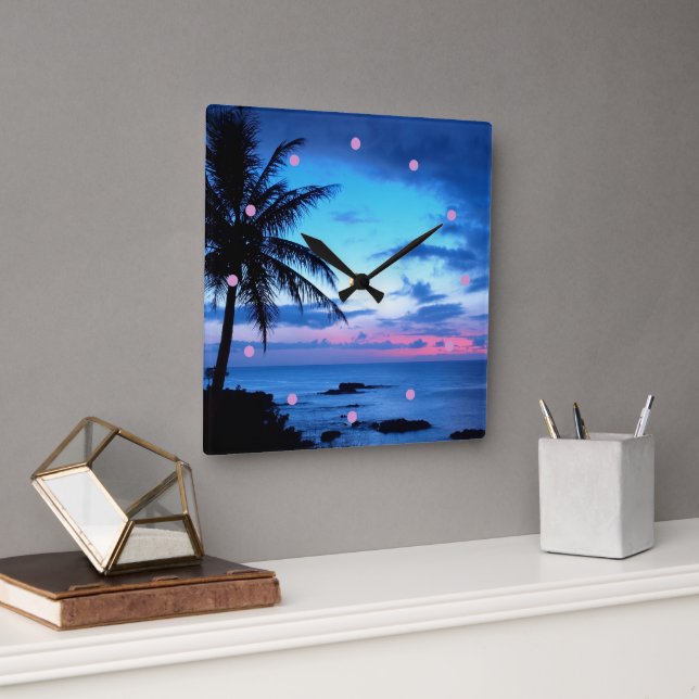 Reloj Cuadrado Isla Tropical Beach Ocean Pink Blue Sunset Foto (Oficina)