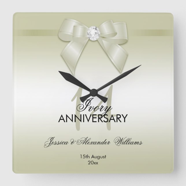 Reloj Cuadrado Ivory Gem Bow & Ribbon 14th Wedding Anniversary (Anverso)