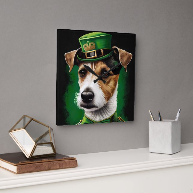Reloj Cuadrado Jack Russell Dog con vestido de San Patricio (Oficina)