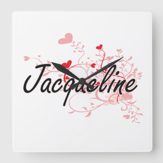 Reloj Cuadrado Jacqueline Artistic Name Design with Hearts (Anverso)