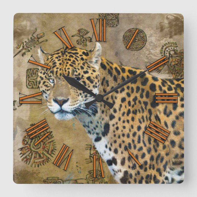 Reloj Cuadrado Jaguar & Mayan Temple Ruins Wildlife Wall Clock (Anverso)