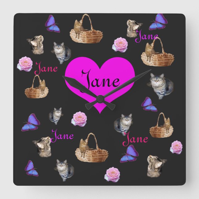 Reloj Cuadrado Jane Nombre Con Gatos Y Mariposas, (Anverso)