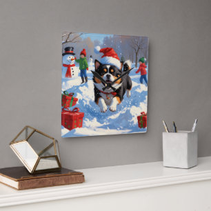 Reloj Cuadrado Japanese Chin corriendo en la nieve con sombrero d
