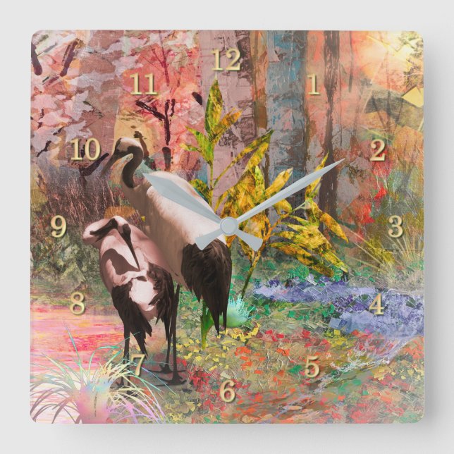 Reloj Cuadrado JAPANESE CRANES “Rising Sun” (Anverso)