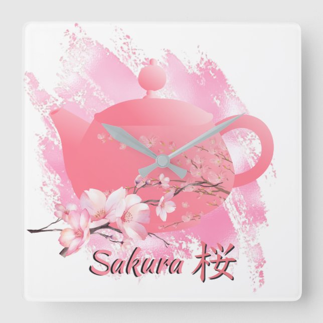 Reloj Cuadrado Japanese Sakura Teapot Wall Clock  (Anverso)