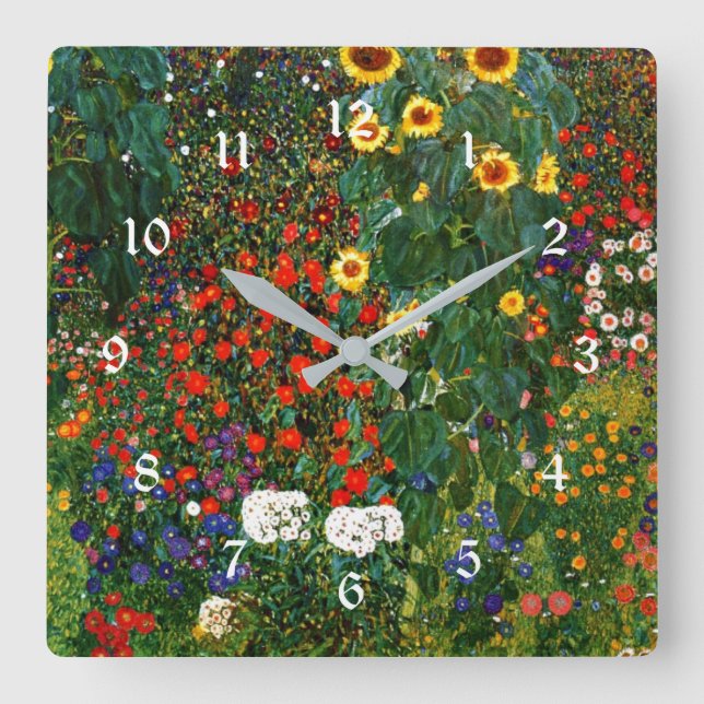 Reloj Cuadrado Jardín de granja con girasoles, pintura colorida (Anverso)
