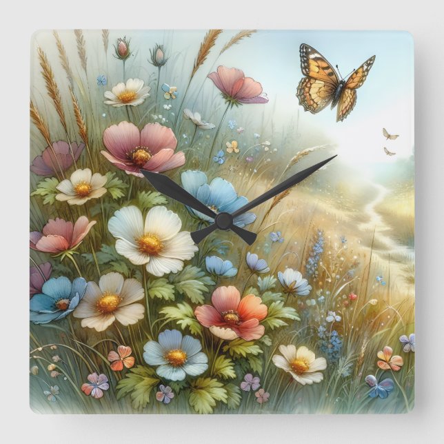 Reloj Cuadrado Jardín de Mariposas del Prado de Flores Silvestres (Anverso)