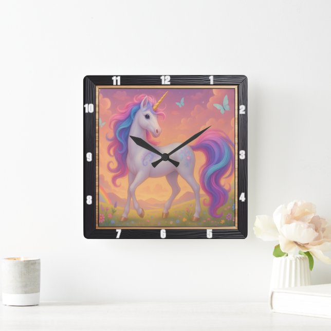 Reloj Cuadrado Jardín de mariposas Rainbow Unicorn (Hogar)