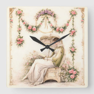 Reloj Cuadrado Jardín de Rosas Regencia Leyendo Dama