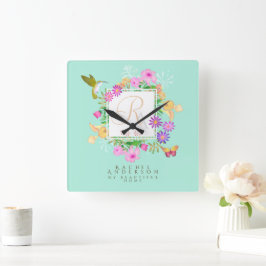 Reloj Cuadrado Jardín floral Aqua Monograma