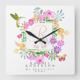 Reloj Cuadrado Jardín floral Monograma Blanco