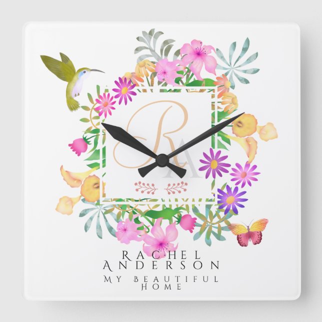 Reloj Cuadrado Jardín floral Monograma Blanco (Anverso)