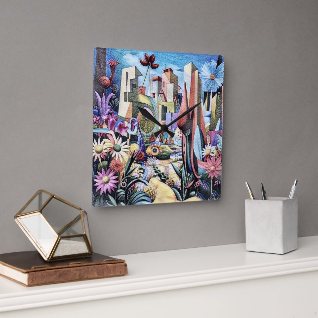 Reloj Cuadrado Jardín Surreal - Diseño de Ilustracion floral 1 (Oficina)