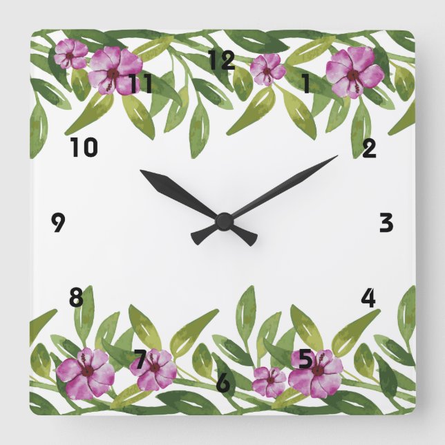 Reloj Cuadrado Jardines acuáticos con vegetación y flores violeta (Anverso)