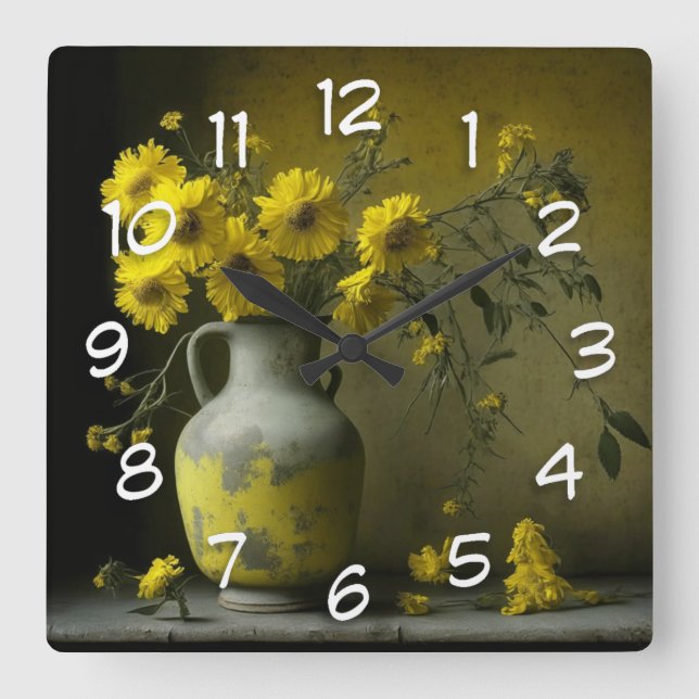 Reloj Cuadrado Jarrón Antiguo de Flores Amarillas (Anverso)