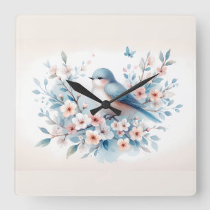 Reloj Cuadrado Jazmín de Pájaro Azul Acuarela Serenidad