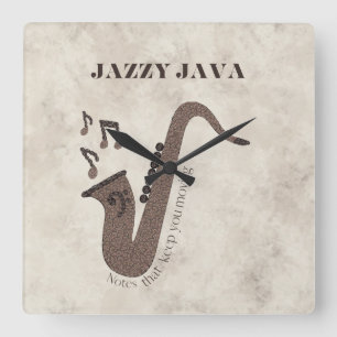 Reloj Cuadrado Jazzy Java-Grãos de Café-Saxofone-