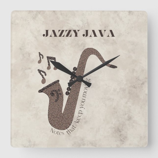 Reloj Cuadrado Jazzy Java-Grãos de Café-Saxofone- (Anverso)