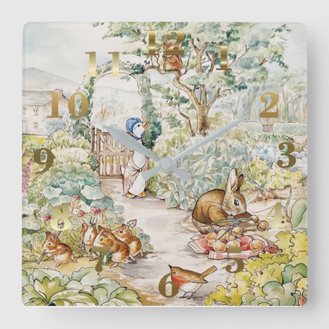 Reloj Cuadrado Jemima Puddle Duck en el jardín del señor Mc Grego (Anverso)