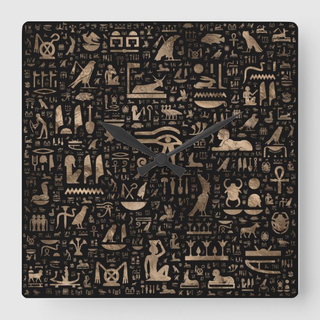 Reloj Cuadrado Jeroglíficos egipcios antiguos - Negro y oro (Anverso)