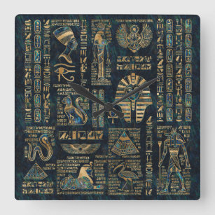 Reloj Cuadrado Jeroglíficos y deidades egipcios - olmo y oro