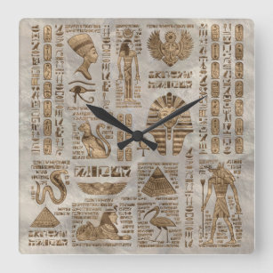 Reloj Cuadrado Jeroglíficos y deidades egipcios - Oro de época