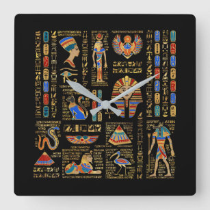Reloj Cuadrado Jeroglíficos y deidades egipcios sobre negro