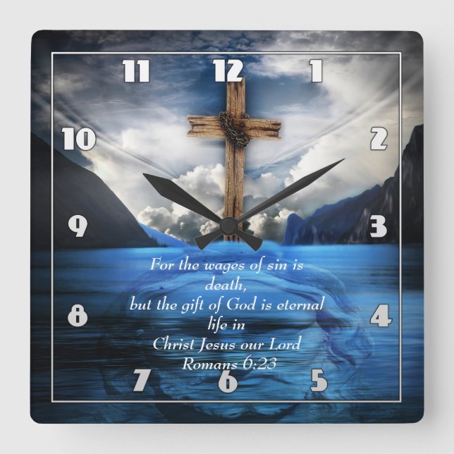 Reloj Cuadrado Jesús en el agua rizada Romanos 6:23 (Anverso)